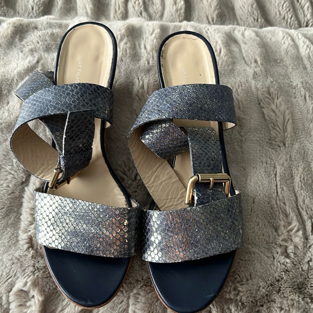 AGL metallic snake skin, green and silver double ankle strap